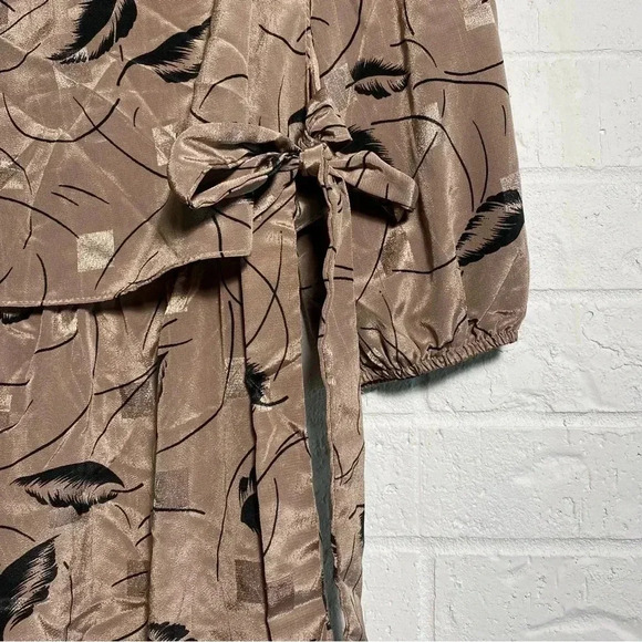 Vintage MIDI Dress with Feather Pattern Size 16 Tie Waist Brown Black Shimmer - Picture 5 of 14